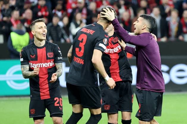 Bayer 04 Leverkusen players celebrate their 2-0 win in the Europa League quarter-final first leg Bayer 04 Leverkusen West Ham United Copyright Thomas Pakusch Copyright: Thomas Pakusch