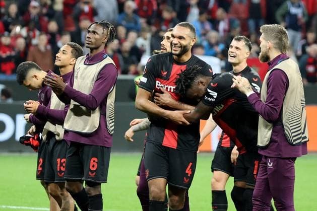 Bayer 04 Leverkusen players celebrate their 2-0 win in the Europa League quarter-final first leg Bayer 04 Leverkusen West Ham United Copyright Thomas Pakusch Copyright: Thomas Pakusch