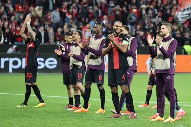 Bayer 04 Leverkusen players celebrate their 2-0 win in the Europa League quarter-final first leg Bayer 04 Leverkusen West Ham United Copyright Thomas Pakusch Copyright: Thomas Pakusch