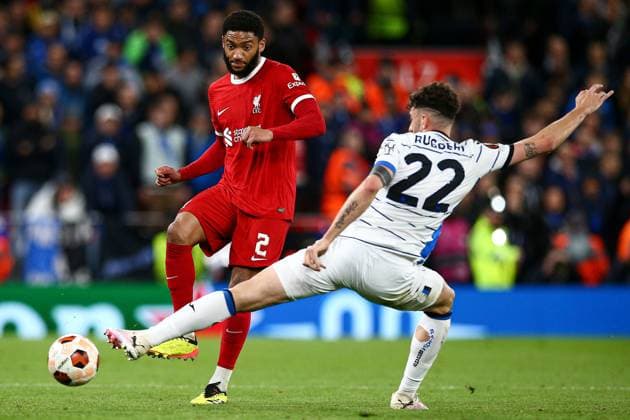Joe Gomez of Liverpool under pressure from Matteo Ruggeri of Atalanta Liverpool v Atalanta, UEFA Europa League, Quarter Final, First Leg, Football, Anfield, Liverpool, UK - 11 Apr 2024 EDITORIAL USE ONLY No use with unauthorised audio, video, data, fixture lists, club league logos or live services. Online in-match use limited to 120 images, no video emulation. No use in betting, games or single club league player publications. Copyright: xMattxWest Shutterstockx 14424886cu