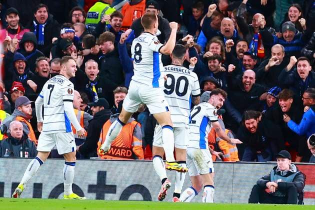 Matteo Ruggeri of (Atalanta) celebrates his goal , UEFA Europa League 2023 2024 - Quarter-finals First Leg, Liverpool FC vs Atalanta, Anfield, April 11, 2024, Liverpool, United Kingdom.