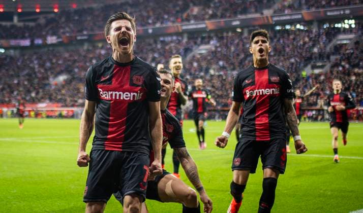 Leverkusen Germany 11th Apr 2024 Goal celebration Jonas Hofmann Leverkusen Granit Xhaka Leverkusen Piero Hincapie Leverkusen Bayer Leverkusen West Ham United 11 04 2024