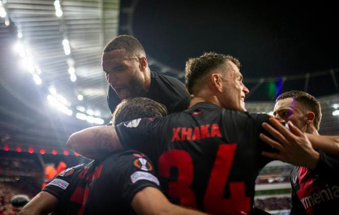 Leverkusen Germany 11th Apr 2024 Goal celebration Jonathan Tah Leverkusen Granit Xhaka Leverkusen Bayer Leverkusen West Ham United 11 04 2024