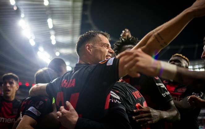 Leverkusen Germany 11th Apr 2024 Goal celebration Granit Xhaka Leverkusen Bayer Leverkusen West Ham United 11 04 2024