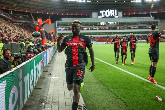 o11 04 2024, Football, Europa League, Season 2023 2024, Bayer Leverkusen West Ham United, Victor Boniface Bayer Leverkusen celebrates after his goal for 2 to 0 Leverkusen BayArena NRW Germany xRHR PHOTO TRx Copyright: RHR-FOTOx RHR-FOTO TR