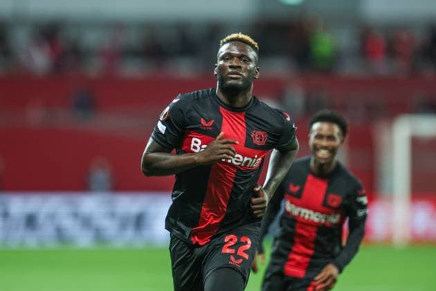 11 04 2024, Football, Europa League, Season 2023 2024, Bayer Leverkusen West Ham United, Victor Boniface Bayer Leverkusen celebrates after his goal for 2 to 0 Leverkusen BayArena NRW Germany xRHR PHOTO TRx Copyright: RHR-FOTOx RHR-FOTO TR