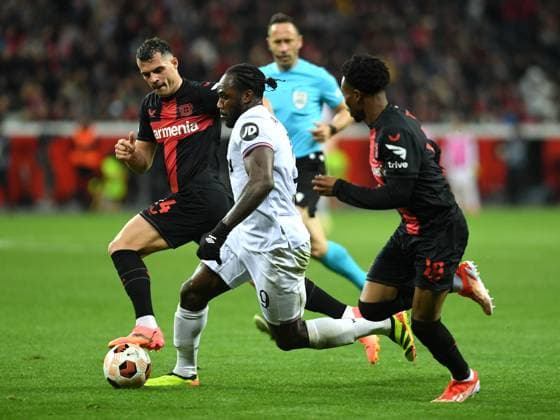 11 04 2024, Leverkusen, Germany, BayARENA, Bayer Leverkusen vs West Ham United UEFA Europa League 2023 2024 Quarter finals First Leg, Granit Xhaka Bayer 04 Leverkusen , Michail Antonio West Ham United and Nathan Tella Bayer 04 Leverkusen in a duel Photo Ralf Treese Leverkusen BayARENA North Rhine Westphalia Germany 521_LEVWHU20240411_039 Treese-521