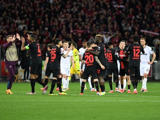 11 04 2024, Leverkusen, Germany, BayARENA, Bayer Leverkusen vs West Ham United UEFA Europa League 2023 2024 Quarter finals First Leg, Alejandro Grimaldo Bayer 04 Leverkusen and Victor Boniface Bayer 04 Leverkusen cheer, cheer, cheer Photo Ralf Treese Leverkusen BayARENA North Rhine Westphalia Germany 521_LEVWHU20240411_048 Treese-521