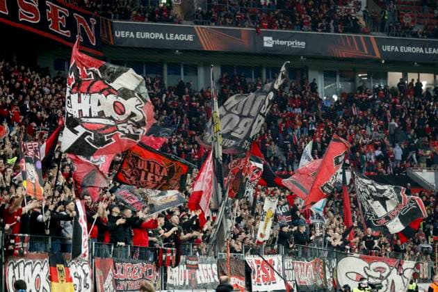 Bayer Leverkusen v West Ham United UEFA Europa League The Bayer Leverkusen fans before the UEFA Europa League Quarter-Final First Leg match at BayArena, Leverkusen Copyright: xPaulxChestertonx FIL-20009-0077 UK Newspapers OUT
