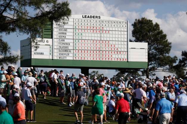 The leaderboard shows Bryson DeChambeau at seven-under-par during the first round of the Masters Tournament at Augusta National Golf Club in Augusta, Georgia on Thursday, April 11, 2024.  AUG20240411616 TANNENxMAURY