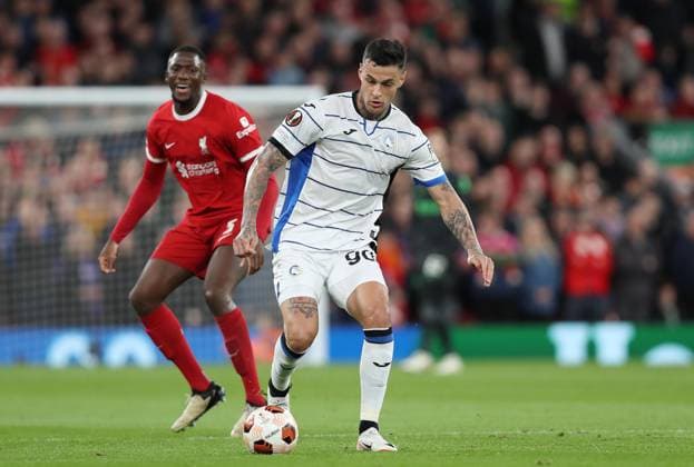 . - Liverpool v Atalanta, UEFA Europa League, Quarter-Final first leg, Anfield Stadium, Liverpool, UK. - 11th April 2024. Gianluca Scamacca of Atalanta. - Liverpool v Atalanta, UEFA Europa League, Quarter-Final first leg, Anfield Stadium, Liverpool, UK. - 11th April 2024. Liverpool Anfield Stadium UK Copyright: xDanxWeirx CP_Liverpool_Atalanta_13