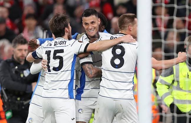 . - Liverpool v Atalanta, UEFA Europa League, Quarter-Final first leg, Anfield Stadium, Liverpool, UK. - 11th April 2024. GOAL 2-, Gianluca Scamacca of Atalanta goal celebration. - Liverpool v Atalanta, UEFA Europa League, Quarter-Final first leg, Anfield Stadium, Liverpool, UK. - 11th April 2024. Liverpool Anfield Stadium UK Copyright: xDanxWeirx CP_Liverpool_Atalanta_26