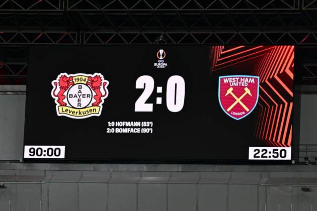 Scoreboard with final result, Bayer Leverkusen vs West Ham United, Football, Europa League, Quarter-final, First leg, 11 04 2024 Leverkusen Nordrhein Westfalen Germany Copyright: xkolbert-press MarcxNiemeyerx