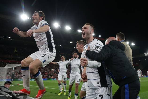11th April 2024; Anfield, Liverpool, Merseyside, England; Europa League, Quarter Final;, First Leg Football, Liverpool versus Atalanta; Atalanta players celebrate their third goal after 80 minutes  ActionPlus12628599 DavidxBlunsden