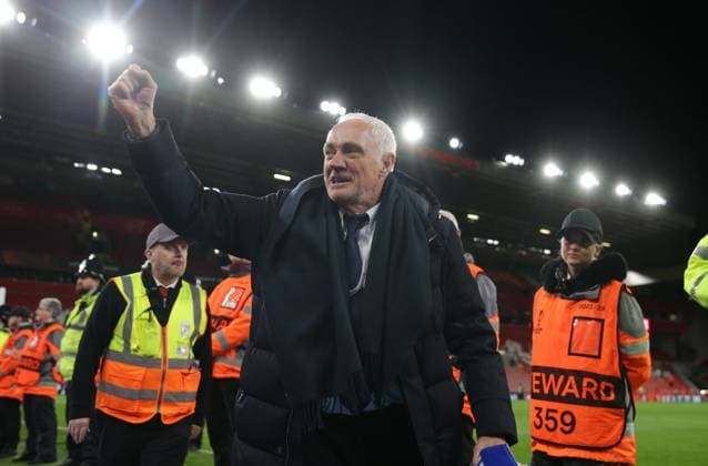 11th April 2024; Anfield, Liverpool, Merseyside, England; Europa League, Quarter Final;, First Leg Football, Liverpool versus Atalanta; Atalanta fans celebrate at full time  ActionPlus12628614 DavidxBlunsden