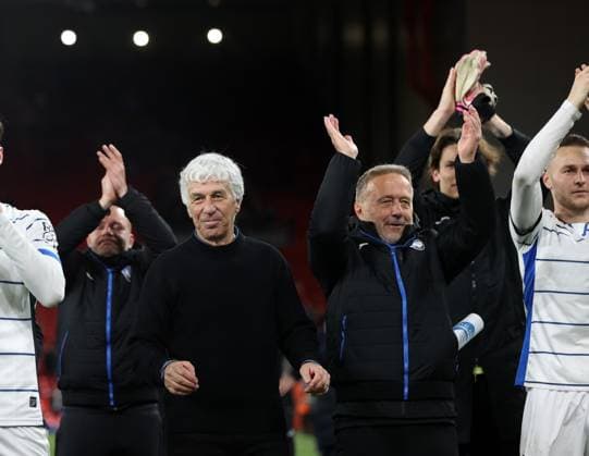 11th April 2024; Anfield, Liverpool, Merseyside, England; Europa League, Quarter Final;, First Leg Football, Liverpool versus Atalanta; Atalanta manager Gian Piero Gasperini celebrates at full time in front of the visiting fans  ActionPlus12628686 DavidxBlunsden