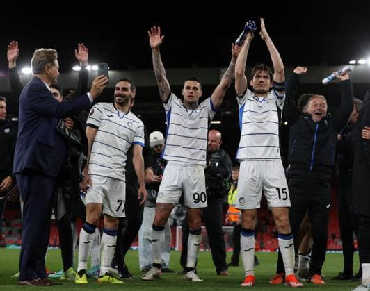 11th April 2024; Anfield, Liverpool, Merseyside, England; Europa League, Quarter Final;, First Leg Football, Liverpool versus Atalanta; Gianluca Scamacca of Atalanta celebrates at full time in front of the visiting fans  ActionPlus12628685 DavidxBlunsden