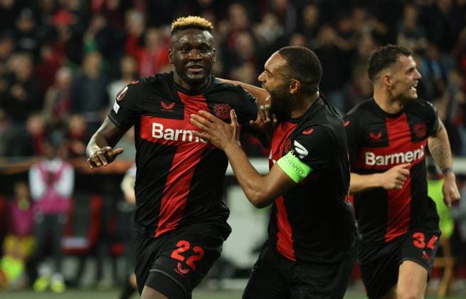 Victor Boniface Bayer , Jonathan Tah Bayer , Granit Xhaka Bayer , UEFA Europa League, Quarter-final, First leg, Bayer 04 Leverkusen vs West Ham United, Leverkusen, Germany, 11 04 2024
