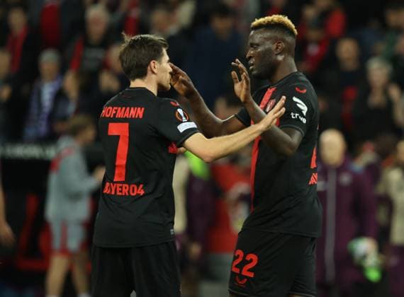 Goal celebration 2 0 Victor Boniface Bayer, R with Jonas Hofmann Bayer , UEFA Europa League, quarter-final, first leg, Bayer 04 Leverkusen vs West Ham United, Leverkusen, Germany, 11 04 2024