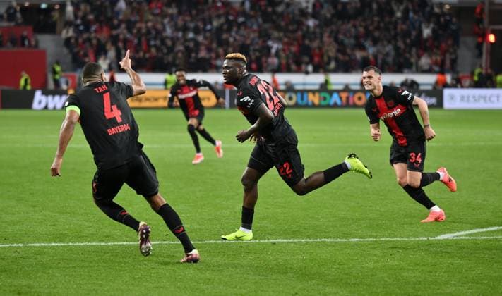 Jubel 2 0 v li , Jonathan Tah Bayer 04 Leverkusen , Victor Boniface Bayer 04 Leverkusen , Granit Xhaka Bayer 04 Leverkusen 11 04 2024, Football Europa League, Season 2023 2024, Quarter-final first leg, Bayer 04 Leverkusen West Ham United Leverkusen BayArena Nordrhein Westfalen Germany Team2