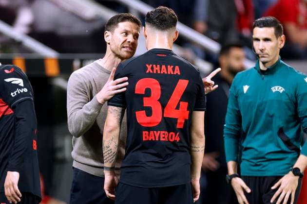 ALONSO Xabier Coach Team Bayer 04 Leverkusen with XHAKA Granit UEFA Europa League Season 2023 2024 Quarterfinal Match Bayer 04 Leverkusen West Ham United FC 2 0 on 11 04 2024 in Leverkusen DFL REGULATIONS PROHIBIT ANY USE OF PHOTOGRAPHS as IMAGE SEQUENCES and or QUASI VIDEO Copyright: xLacixPerenyix