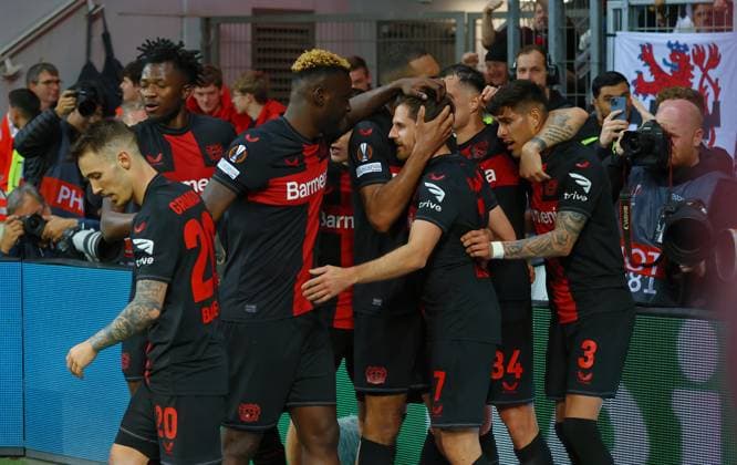 Goal celebration 1 0 with Victor Boniface Bayer and Jonas Hofmann Bayer , UEFA Europa League, quarter-final, first leg, Bayer 04 Leverkusen vs West Ham United, Leverkusen, Germany, 11 04 2024