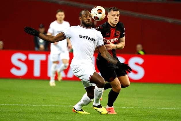 Leverkusen, Germany, UEFA Europa League, Bayer 04 Leverkusen West Ham United FC 2 0 Quarter Finals,Quarter Finals 11 04 2024 at the Bay Arena in Leverkusen Granit XHAKA LEV right and Michail ANTONIO WHU left