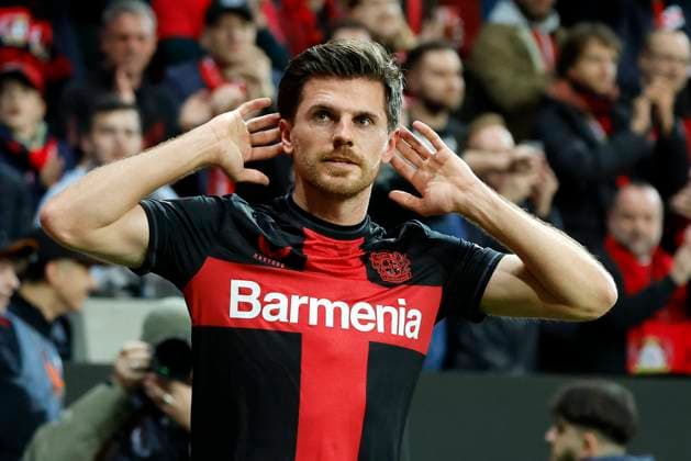 Leverkusen, Germany, UEFA Europa League, Bayer 04 Leverkusen West Ham United FC 2 0 Quarter Finals,Quarter Finals 11 04 2024 at the Bay Arena in Leverkusen Jonas HOFMANN LEV has scored the goal to make it 1 0 and is delighted