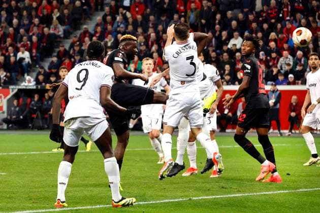 Leverkusen, Germany, UEFA Europa League, Bayer 04 Leverkusen West Ham United FC 2 0 Quarter Final,Quarter Finals 11 04 2024 at the Bay Arena in Leverkusen Victor BONIFACE LEV 2 v li scores with his head to make it 2 0