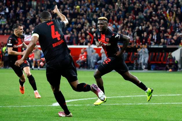 Leverkusen, Germany, UEFA Europa League, Bayer 04 Leverkusen West Ham United FC 2 0 Quarter Final,Quarter Finals 11 04 2024 at the Bay Arena in Leverkusen Victor BONIFACE LEV re has scored the goal to make it 2 0 and turns away in jubilation