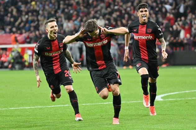 (240412) -- LEVERKUSEN, April 12, 2024 -- Jonas Hofmann (C) of Bayer 04 Leverkusen celebrates scoring during the UEFA Europa League quarterfinals first leg match between Bayer 04 Leverkusen and West Ham United FC in Leverkusen, Germany, April 11, 2024. (Photo by Ulrich Hufnagel Xinhua) (SP)GERMANY-LEVERKUSEN-FOOTBALL-UEFA EUROPA LEAGUE-LEVERKUSEN VS WEST HAM WuxErlixi¡¤hufunageer 
