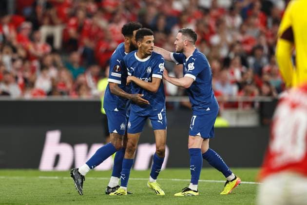 Marseille team players (Marseille), APRIL 11, 2024 - Football Soccer : Marseill team players celebrate after Aubameyang s goal during UEFA Europa League Quarter-finals 1st leg match between SL Benfica 2-1 Olympique de Marseille at the Estadio do SL Benfica in Lisbon, Portugal. Noxthirdxpartyxsales  (249898711)