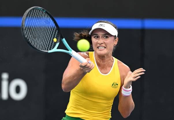 TENNIS BILLIE JEAN KING CUP, Arina Rodionova of Australia in action during her singles match against Giuliana Olmos of Mexico during the Billie Jean King Cup at Pat Rafter Arena in Brisbane, Friday, April 12, 2024. ( NO ARCHIVING, EDITORIAL USE ONLY, NO USE IN BOOKS WITHOUT CONSENT BRISBANE QUEENSLAND AUSTRALIA  Copyright: xDARRENxENGLANDx 20240412001930782897