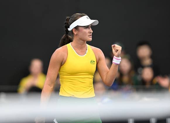 TENNIS BILLIE JEAN KING CUP, Arina Rodionova of Australia icelebrates during her singles match against Giuliana Olmos of Mexico during the Billie Jean King Cup at Pat Rafter Arena in Brisbane, Friday, April 12, 2024. ( NO ARCHIVING, EDITORIAL USE ONLY, NO USE IN BOOKS WITHOUT CONSENT BRISBANE QUEENSLAND AUSTRALIA  Copyright: xDARRENxENGLANDx 20240412001930782947
