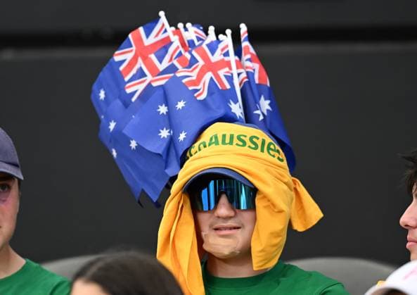 TENNIS BILLIE JEAN KING CUP, An Australian fan is seen during the Billie Jean King Cup at Pat Rafter Arena in Brisbane, Friday, April 12, 2024. ( NO ARCHIVING, EDITORIAL USE ONLY, NO USE IN BOOKS WITHOUT CONSENT BRISBANE QUEENSLAND AUSTRALIA  Copyright: xDARRENxENGLANDx 20240412001930786990