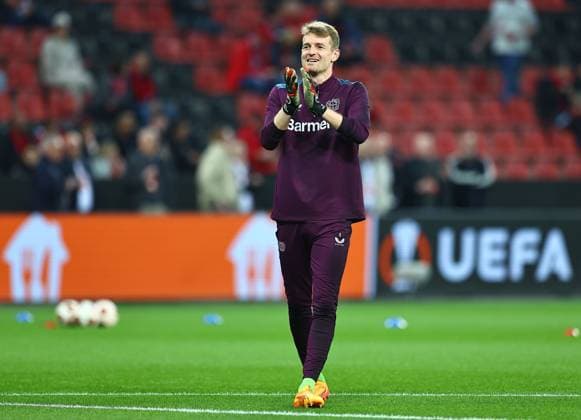 Lukas Hradecky of Beyer Leverkusen Bayer 04 Leverkusen v West Ham United, UEFA Europa League, Quarter Final, First Leg, Football, BayArena, Leverkusen, Germany - 11 Apr 2024 EDITORIAL USE ONLY No use with unauthorised audio, video, data, fixture lists, club league logos or live services. Online in-match use limited to 120 images, no video emulation. No use in betting, games or single club league player publications. Copyright: xMichaelxZemanek Shutterstockx 14424882bu