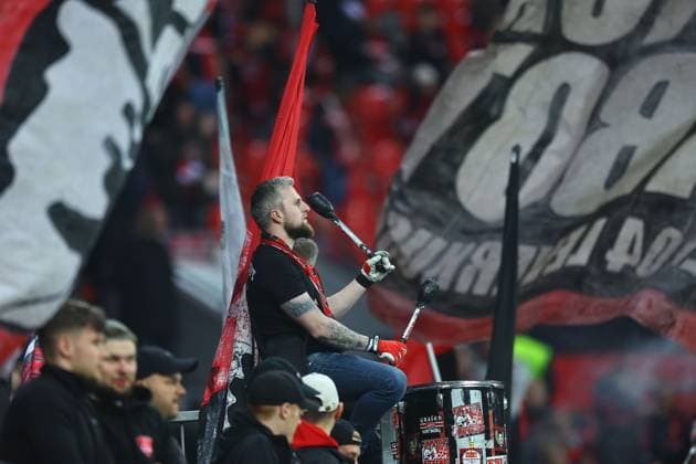 Fans of Beyer Leverkusen Bayer 04 Leverkusen v West Ham United, UEFA Europa League, Quarter Final, First Leg, Football, BayArena, Leverkusen, Germany - 11 Apr 2024 EDITORIAL USE ONLY No use with unauthorised audio, video, data, fixture lists, club league logos or live services. Online in-match use limited to 120 images, no video emulation. No use in betting, games or single club league player publications. Copyright: xMichaelxZemanek Shutterstockx 14424882bw