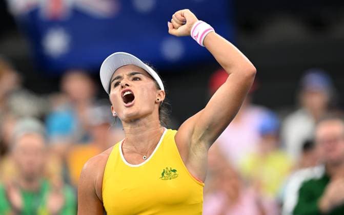 TENNIS BILLIE JEAN KING CUP, Arina Rodionova of Australia celebrates during her singles match against Giuliana Olmos of Mexico during the Billie Jean King Cup at Pat Rafter Arena in Brisbane, Friday, April 12, 2024. ( NO ARCHIVING, EDITORIAL USE ONLY, NO USE IN BOOKS WITHOUT CONSENT BRISBANE QUEENSLAND AUSTRALIA  Copyright: xDARRENxENGLANDx 20240412001930795649