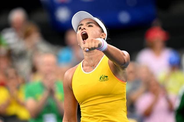 TENNIS BILLIE JEAN KING CUP, Arina Rodionova of Australia celebrates during her singles match against Giuliana Olmos of Mexico during the Billie Jean King Cup at Pat Rafter Arena in Brisbane, Friday, April 12, 2024. ( NO ARCHIVING, EDITORIAL USE ONLY, NO USE IN BOOKS WITHOUT CONSENT BRISBANE QUEENSLAND AUSTRALIA  Copyright: xDARRENxENGLANDx 20240412001930796121