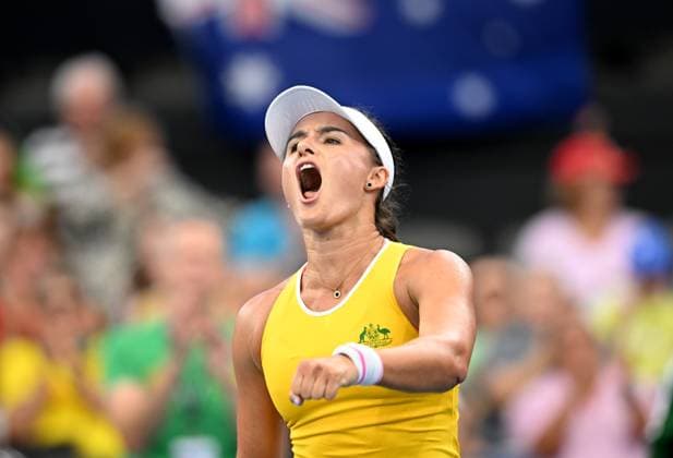 TENNIS BILLIE JEAN KING CUP, Arina Rodionova of Australia celebrates during her singles match against Giuliana Olmos of Mexico during the Billie Jean King Cup at Pat Rafter Arena in Brisbane, Friday, April 12, 2024. ( NO ARCHIVING, EDITORIAL USE ONLY, NO USE IN BOOKS WITHOUT CONSENT BRISBANE QUEENSLAND AUSTRALIA  Copyright: xDARRENxENGLANDx 20240412001930796325