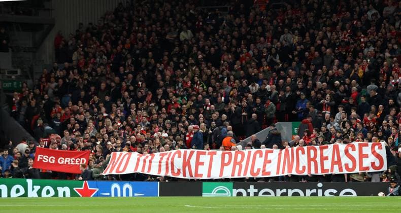 11th April 2024; Anfield, Liverpool, Merseyside, England; Europa League, Quarter Final;, First Leg Football, Liverpool versus Atalanta; Liverpool fans on the Kop display banners protesting against the proposed increase in ticket prices by owners Fneway Sports Group  ActionPlus12628877 DavidxBlunsden