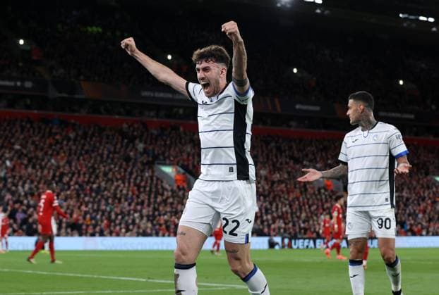 11th April 2024; Anfield, Liverpool, Merseyside, England; Europa League, Quarter Final;, First Leg Football, Liverpool versus Atalanta; Matteo Ruggieri of Atalanta celebrates their third goal in the 80th minute scored by Mario Pasalic  ActionPlus12628916 DavidxBlunsden