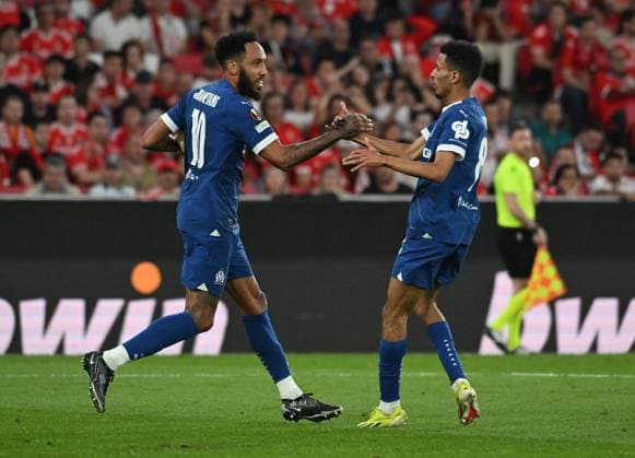 Europa League - Benfica v Olympique De Marseille Pierre-Emerick Aubameyang of Marseille celebrates a goal during the UEFA Europa League quarterfinal first leg match between Benfica and Olympique de Marseille at Estadio da Luz stadium in Lisbon, Portugal on Thursday April 11, 2024. Photo by Zed Jameson ABACAPRESS.COM Lisbon Portugal  Copyright: xJamesonxZed ABACAx