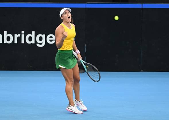 TENNIS BILLIE JEAN KING CUP, Arina Rodionova of Australia celebrates winning her singles match against Giuliana Olmos of Mexico during the Billie Jean King Cup at Pat Rafter Arena in Brisbane, Friday, April 12, 2024. ( NO ARCHIVING, EDITORIAL USE ONLY, NO USE IN BOOKS WITHOUT CONSENT BRISBANE QUEENSLAND AUSTRALIA  Copyright: xDARRENxENGLANDx 20240412001930809690