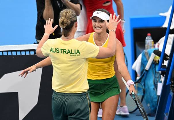 TENNIS BILLIE JEAN KING CUP, Arina Rodionova (right) of Australia celebrates winning with Australian captain Sam Stosur after her singles match against Giuliana Olmos of Mexico during the Billie Jean King Cup at Pat Rafter Arena in Brisbane, Friday, April 12, 2024. ( NO ARCHIVING, EDITORIAL USE ONLY, NO USE IN BOOKS WITHOUT CONSENT BRISBANE QUEENSLAND AUSTRALIA  Copyright: xDARRENxENGLANDx 20240412001930810144
