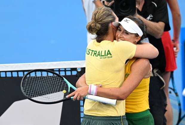 TENNIS BILLIE JEAN KING CUP, Arina Rodionova (right) of Australia celebrates winning with Australian captain Sam Stosur after her singles match against Giuliana Olmos of Mexico during the Billie Jean King Cup at Pat Rafter Arena in Brisbane, Friday, April 12, 2024. ( NO ARCHIVING, EDITORIAL USE ONLY, NO USE IN BOOKS WITHOUT CONSENT BRISBANE QUEENSLAND AUSTRALIA  Copyright: xDARRENxENGLANDx 20240412001930810486