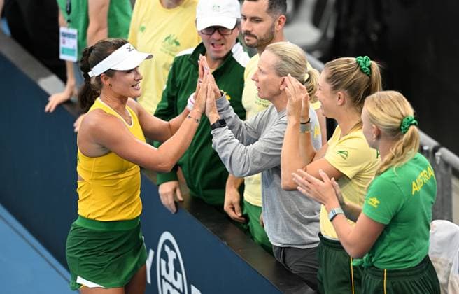 TENNIS BILLIE JEAN KING CUP, Arina Rodionova (left) of Australia celebrates winning with team mates after her singles match against Giuliana Olmos of Mexico during the Billie Jean King Cup at Pat Rafter Arena in Brisbane, Friday, April 12, 2024. ( NO ARCHIVING, EDITORIAL USE ONLY, NO USE IN BOOKS WITHOUT CONSENT BRISBANE QUEENSLAND AUSTRALIA  Copyright: xDARRENxENGLANDx 20240412001930810748