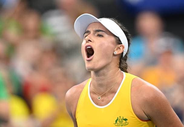 TENNIS BILLIE JEAN KING CUP, Arina Rodionova of Australia celebrates during her singles match against Giuliana Olmos of Mexico during the Billie Jean King Cup at Pat Rafter Arena in Brisbane, Friday, April 12, 2024. ( NO ARCHIVING, EDITORIAL USE ONLY, NO USE IN BOOKS WITHOUT CONSENT BRISBANE QUEENSLAND AUSTRALIA  Copyright: xDARRENxENGLANDx 20240412001930813029