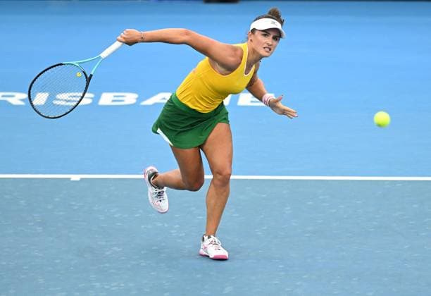 TENNIS BILLIE JEAN KING CUP, Arina Rodionova of Australia in action during her singles match against Giuliana Olmos of Mexico during the Billie Jean King Cup at Pat Rafter Arena in Brisbane, Friday, April 12, 2024. ( NO ARCHIVING, EDITORIAL USE ONLY, NO USE IN BOOKS WITHOUT CONSENT BRISBANE QUEENSLAND AUSTRALIA  Copyright: xDARRENxENGLANDx 20240412001930813543