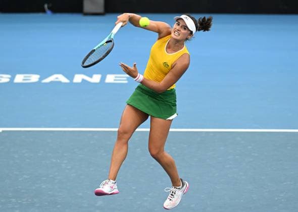 TENNIS BILLIE JEAN KING CUP, Arina Rodionova of Australia in action during her singles match against Giuliana Olmos of Mexico during the Billie Jean King Cup at Pat Rafter Arena in Brisbane, Friday, April 12, 2024. ( NO ARCHIVING, EDITORIAL USE ONLY, NO USE IN BOOKS WITHOUT CONSENT BRISBANE QUEENSLAND AUSTRALIA  Copyright: xDARRENxENGLANDx 20240412001930813799